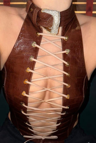 Vegan Leather belted halter top
